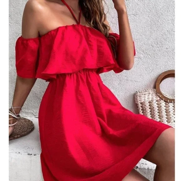 Tie Back Off Shoulder Ruffle Trim Dress - Picture 8 of 9